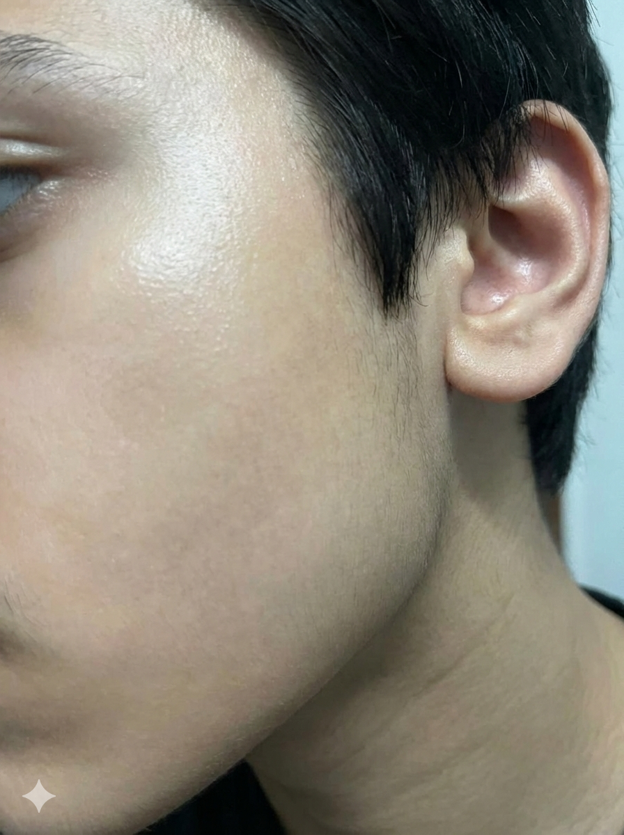 Close-up of a person's neck and ear with a blurred background